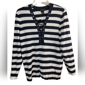 2608)Lane Bryant Knit White & Navy Striped Lace Up V Neck Sweatshirt Size 22/24